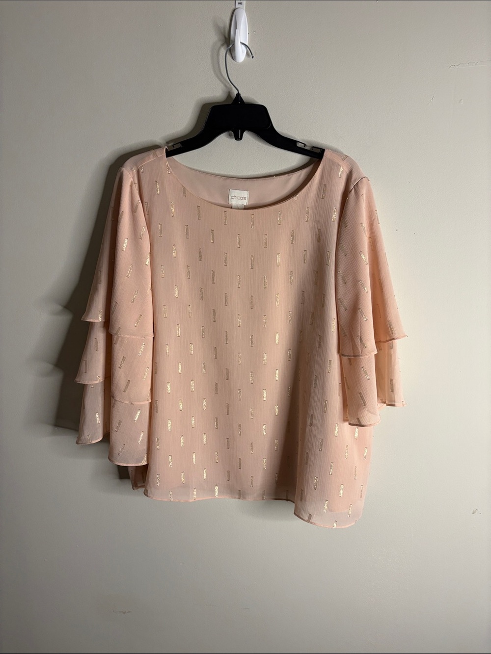 Chico's Soft Blush Layered Ruffle Sleeve Blouse with Gold Foil Detail